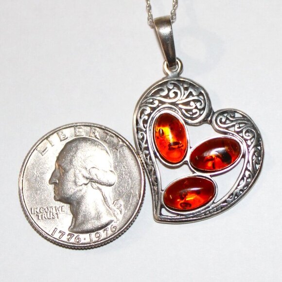 Sterling Silver Amber Heart Necklace - Picture 3 of 7